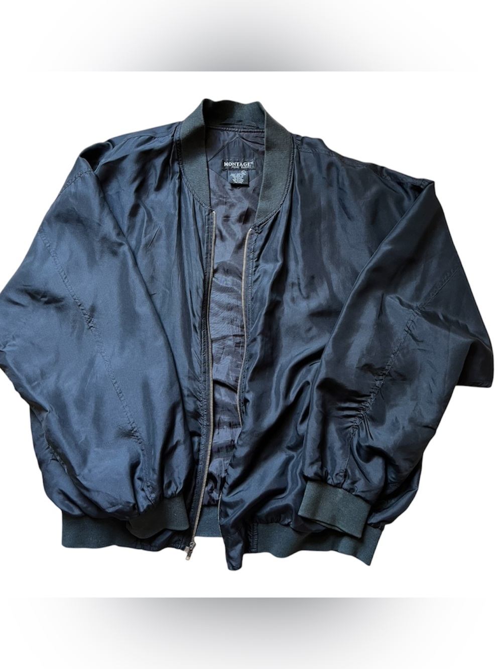 Vintage Montage 100% Silk Black Bomber Jacket Mens Large Full Zip